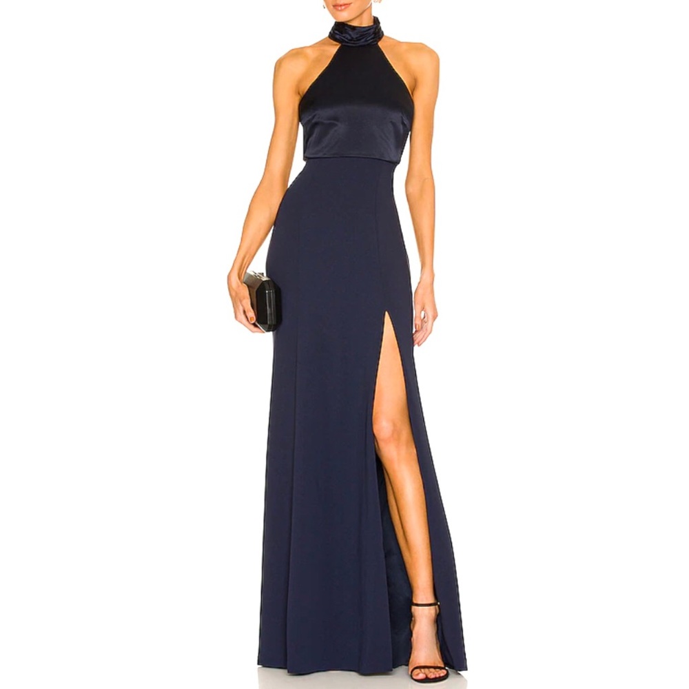 Cinq à Sept Alexandra Navy Blue Halter Keyhole Back Trumpet Style Gown S…